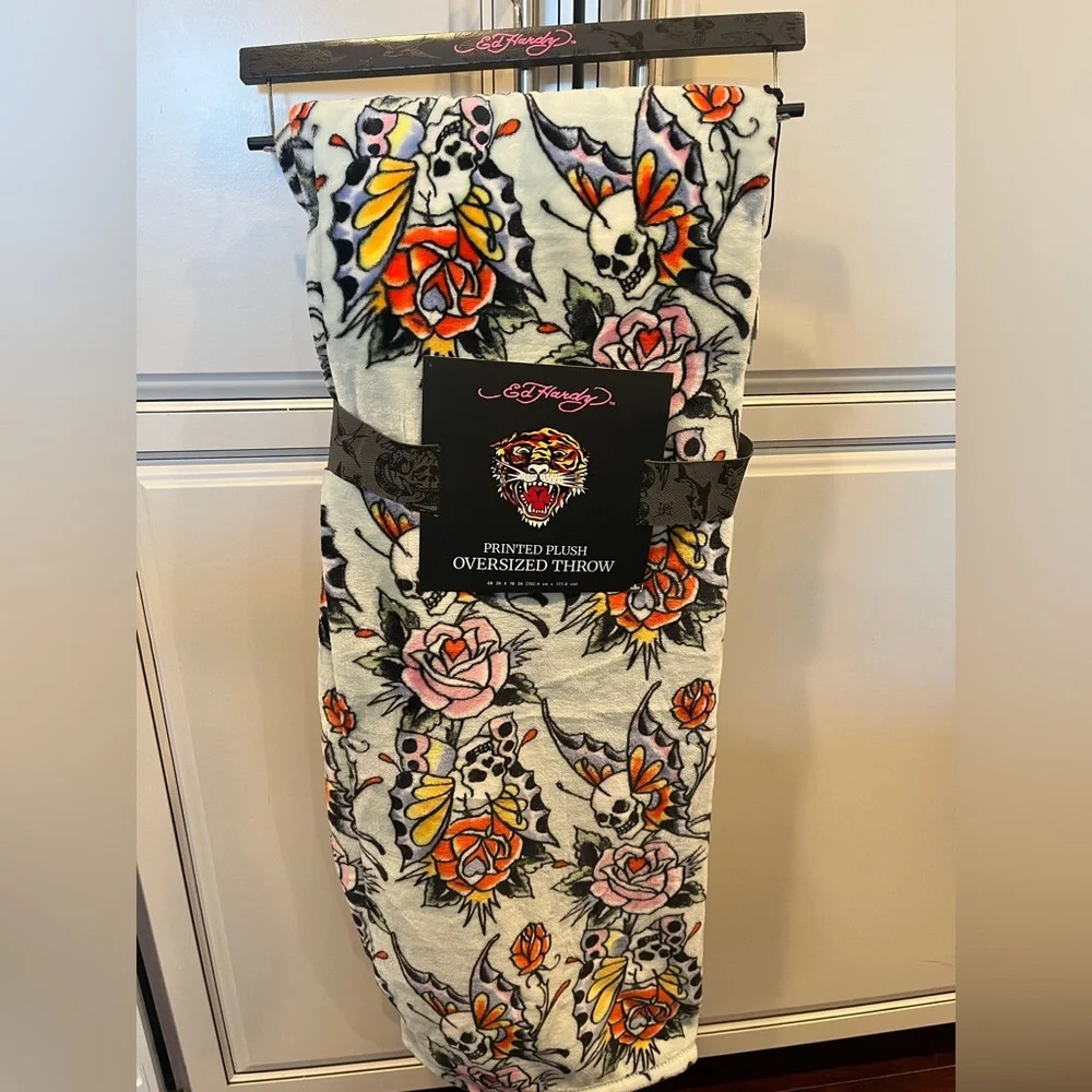 Ed Hardy Butterfly Roses Skull Floral Plush Throw Blanket- Pink, Orange, Blue